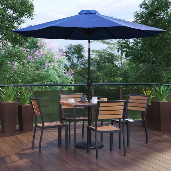 Flash Furniture Faux Teak 35" Table-Navy Umbrella-Base-4 Chairs XU-DG-810060364-UB19BNV-GG